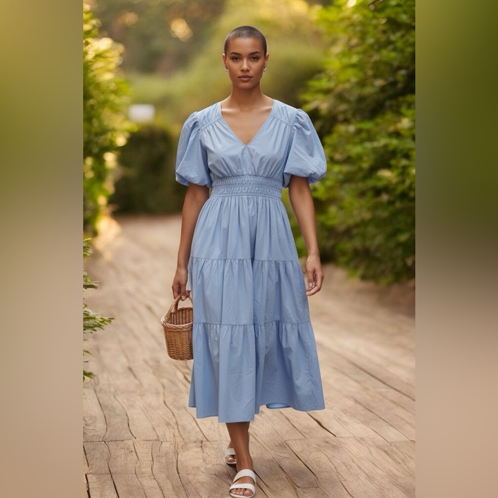 Moon River Light Blue Puff Sleeve Dress